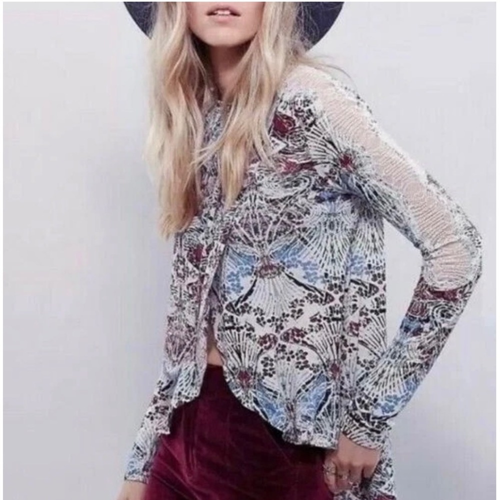 FREE PEOPLE Nouveau New World Tulip Hem Lace Accent Tunic‎ Top Sx XS Linen Boho